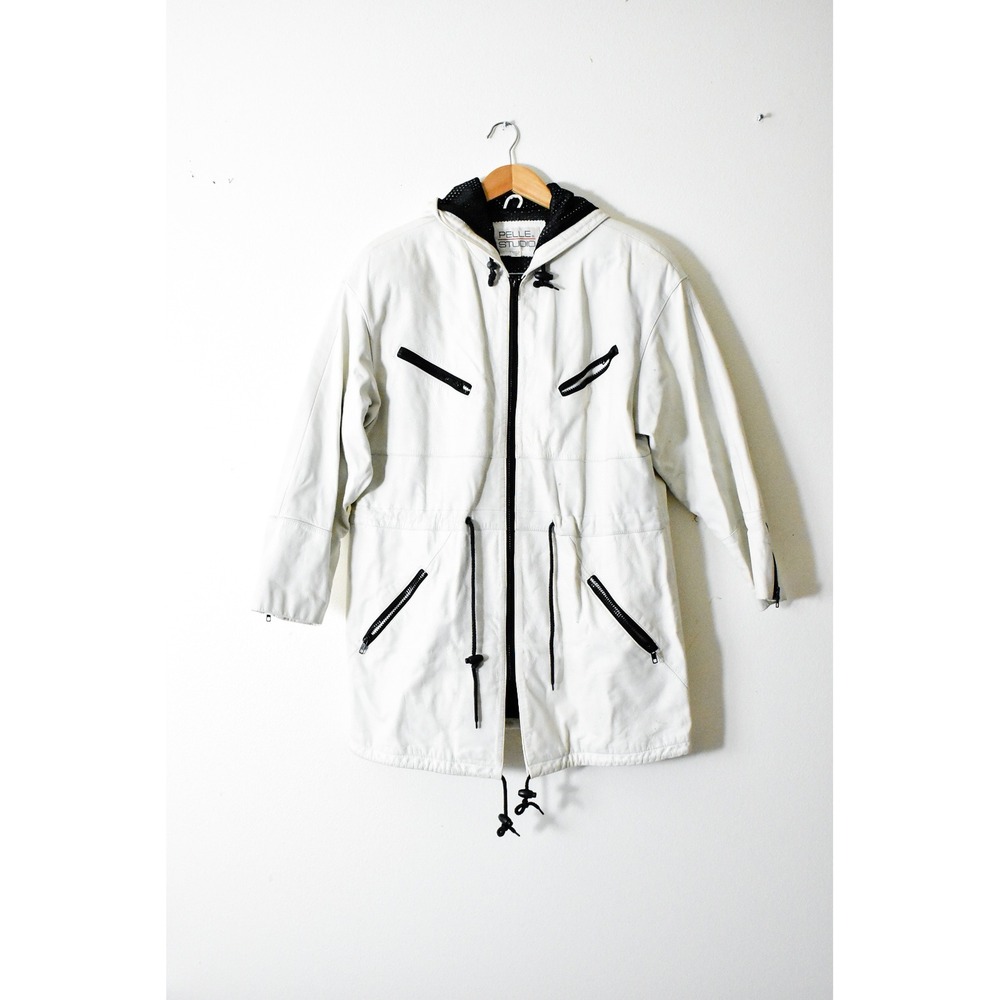 Pelle Studio Leather Parka Women Medium White 90s Hooded Utility Jacket